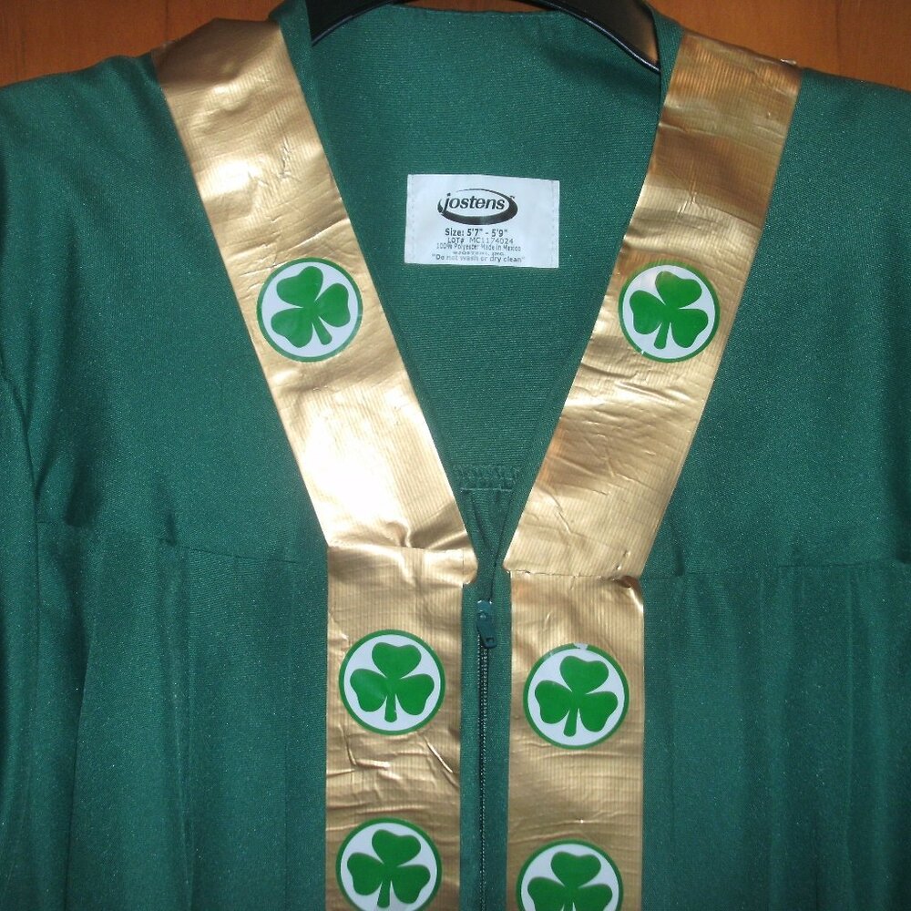 ST PATRICK Dress Up Costume Green Graduation Gown with Gold Trim & Shamrocks OS